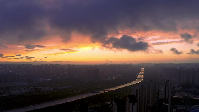 郑州南水北调河火烧云航拍