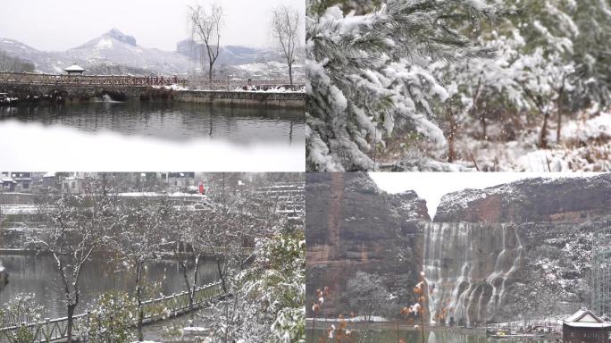 农村景区下雪雪花飘舞雪景景观