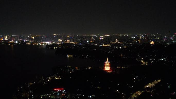 杭州西湖雷峰塔夜景航拍