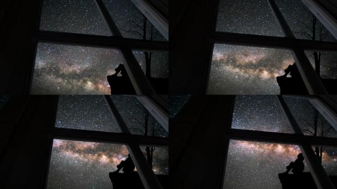 透过窗户看到银河斗转星移漫天繁星浩瀚宇宙