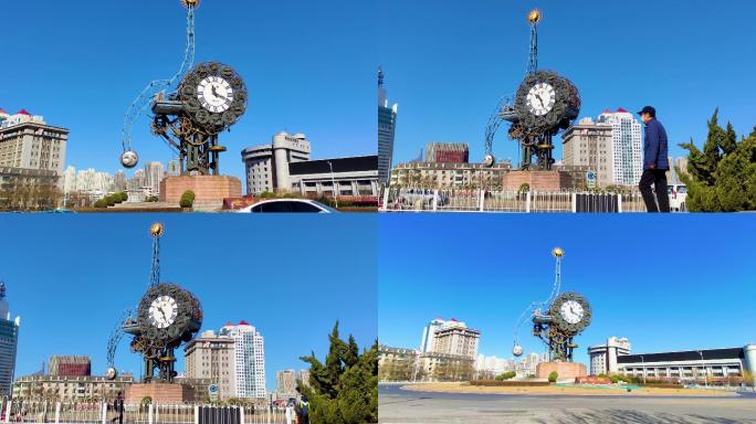 城市地标天津世纪钟大气蓝天实拍4K