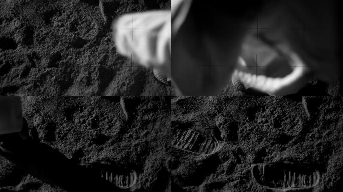 宇航员在月球上行走，留下脚印。