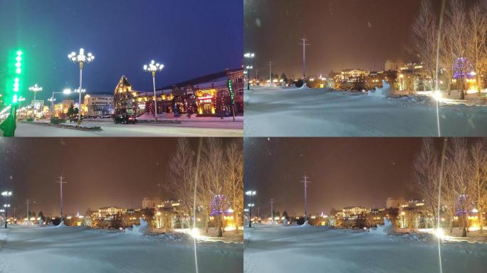 雪中的阿尔山冬天城市夜景