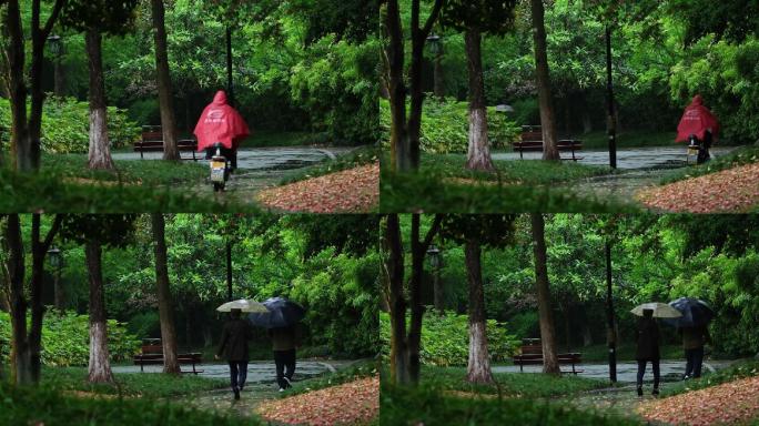 升格拍摄下雨天小区走路的人