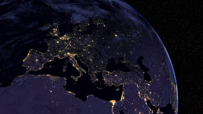 欧洲城市夜光的卫星视图。