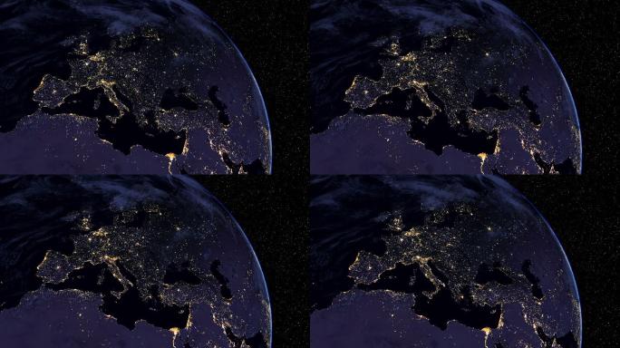 欧洲城市夜光的卫星视图。