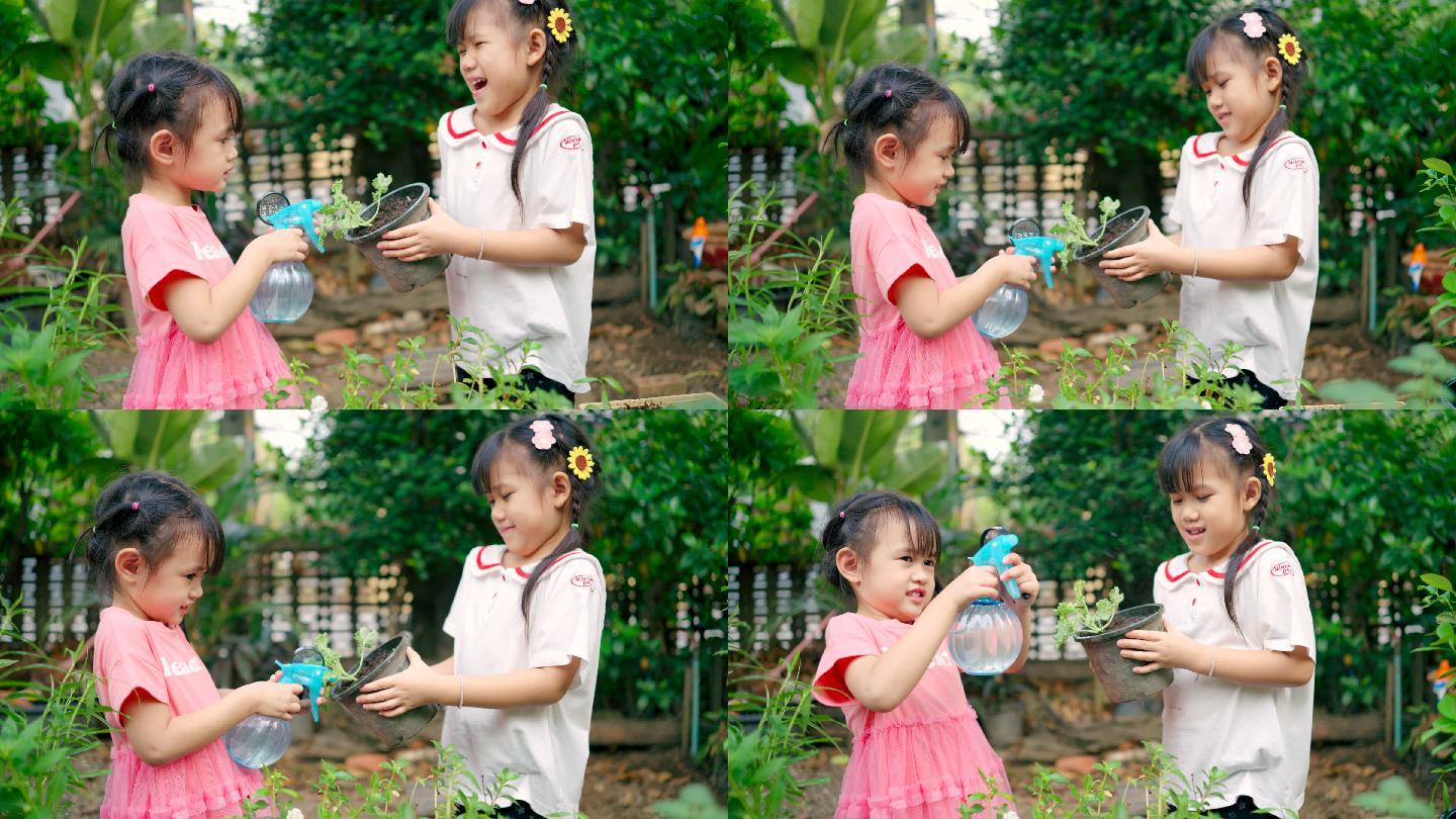 女孩通过浇水来照料盆栽植物