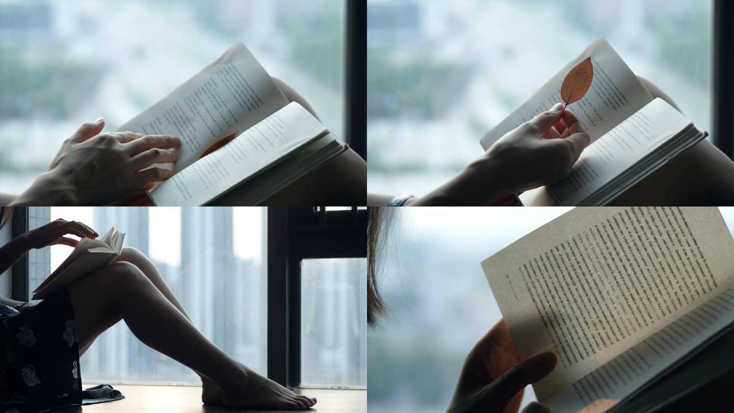 女孩把书放在膝盖上在窗边阅读4k视频素材