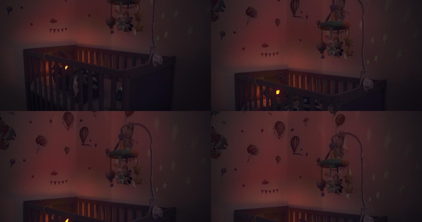 婴儿在黑暗中玩耍，摇篮里有灯光。4K