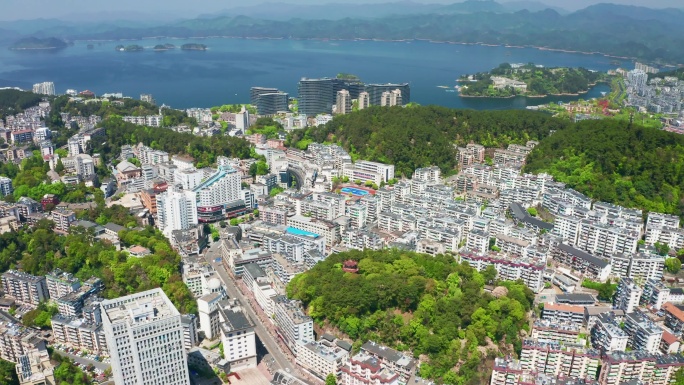 航拍杭州淳安千岛湖城市建设