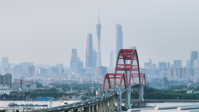 4K航拍新光大桥广州塔方向和南村万博