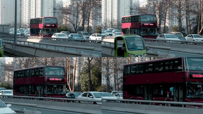 【4K】城市高架车流红色双层巴士