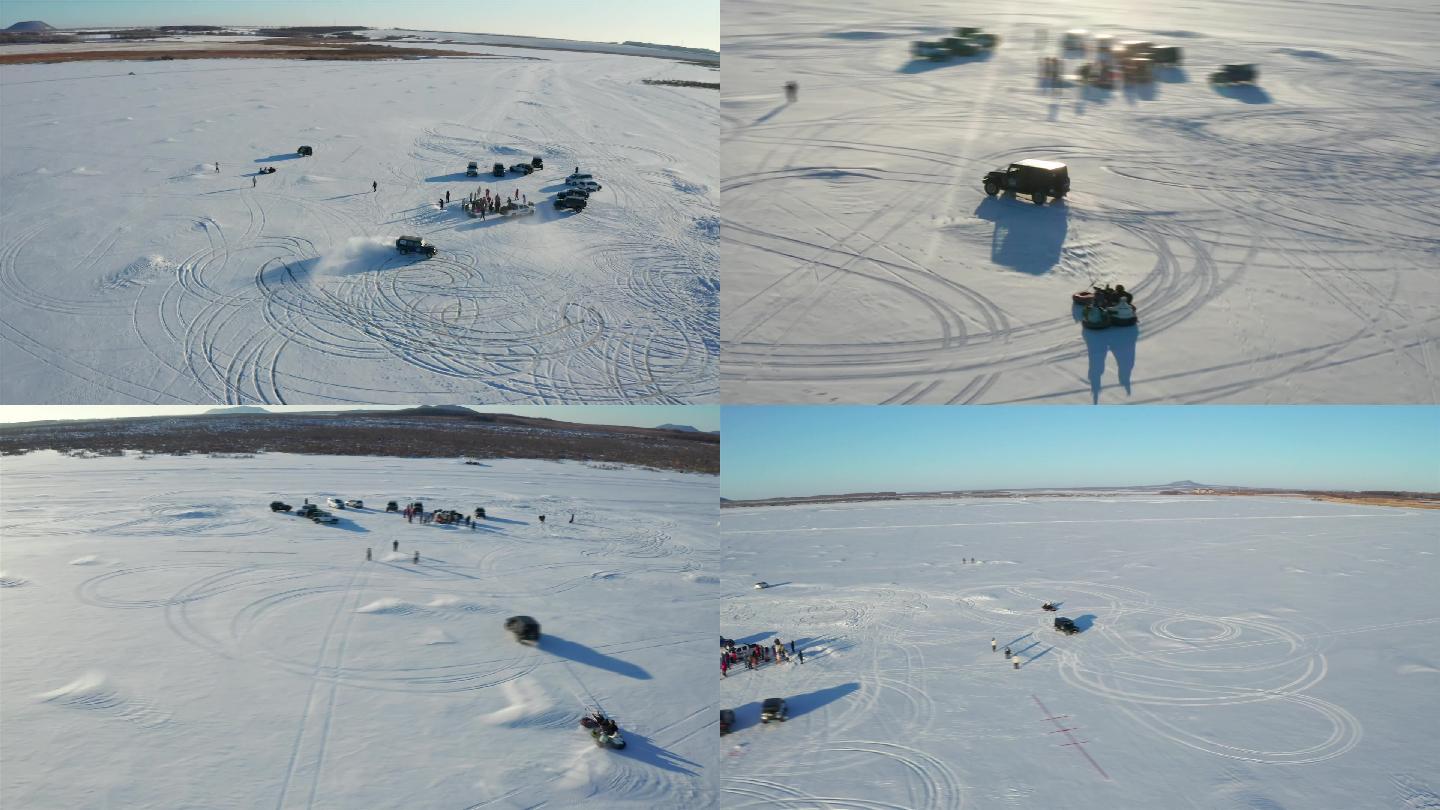 冰封冻住的湖面上拖车聚会玩耍航拍集锦