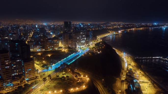 利马市海岸线夜间全景鸟瞰图。