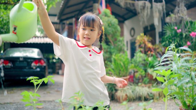 女孩给盆栽植物浇水