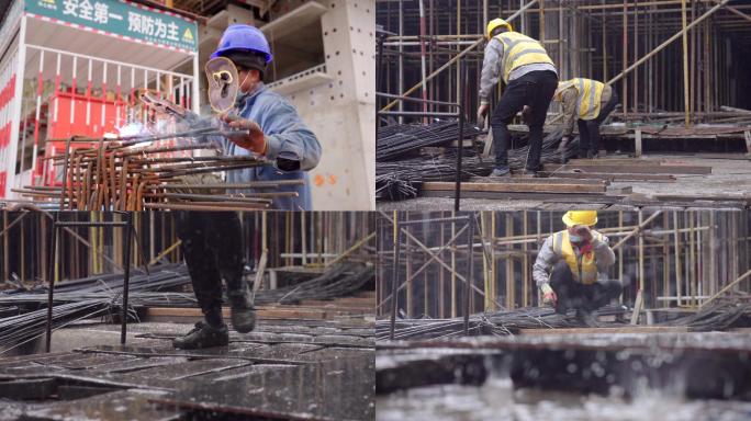 4K建筑工人在工地上冒雨工作 工地 工人