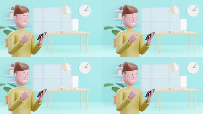 使用智能手机的3d动画快乐男人