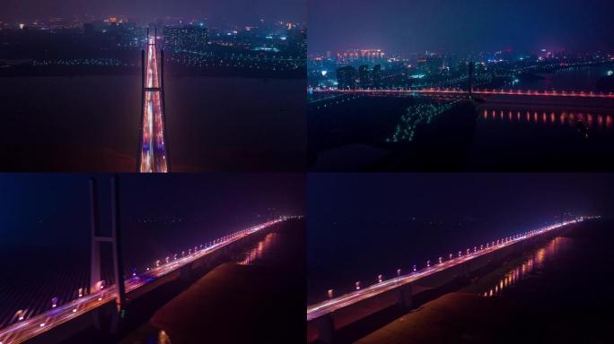 荆州长江大桥城市夜景航拍大范围移动延时