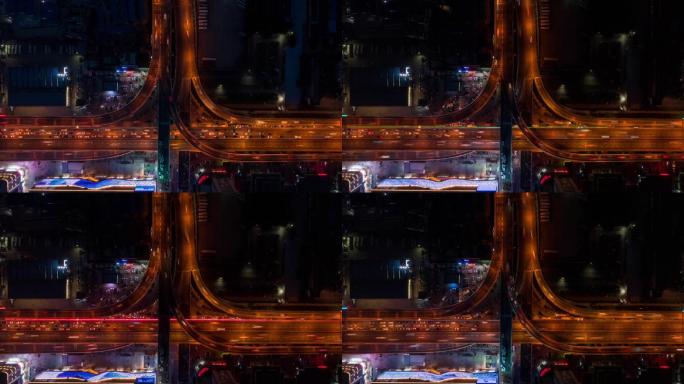 汉阳摩尔城垂直航拍夜景车流高架桥延时摄影