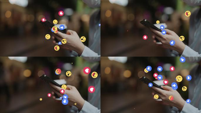 在智能手机上飘出来的社交媒体表情