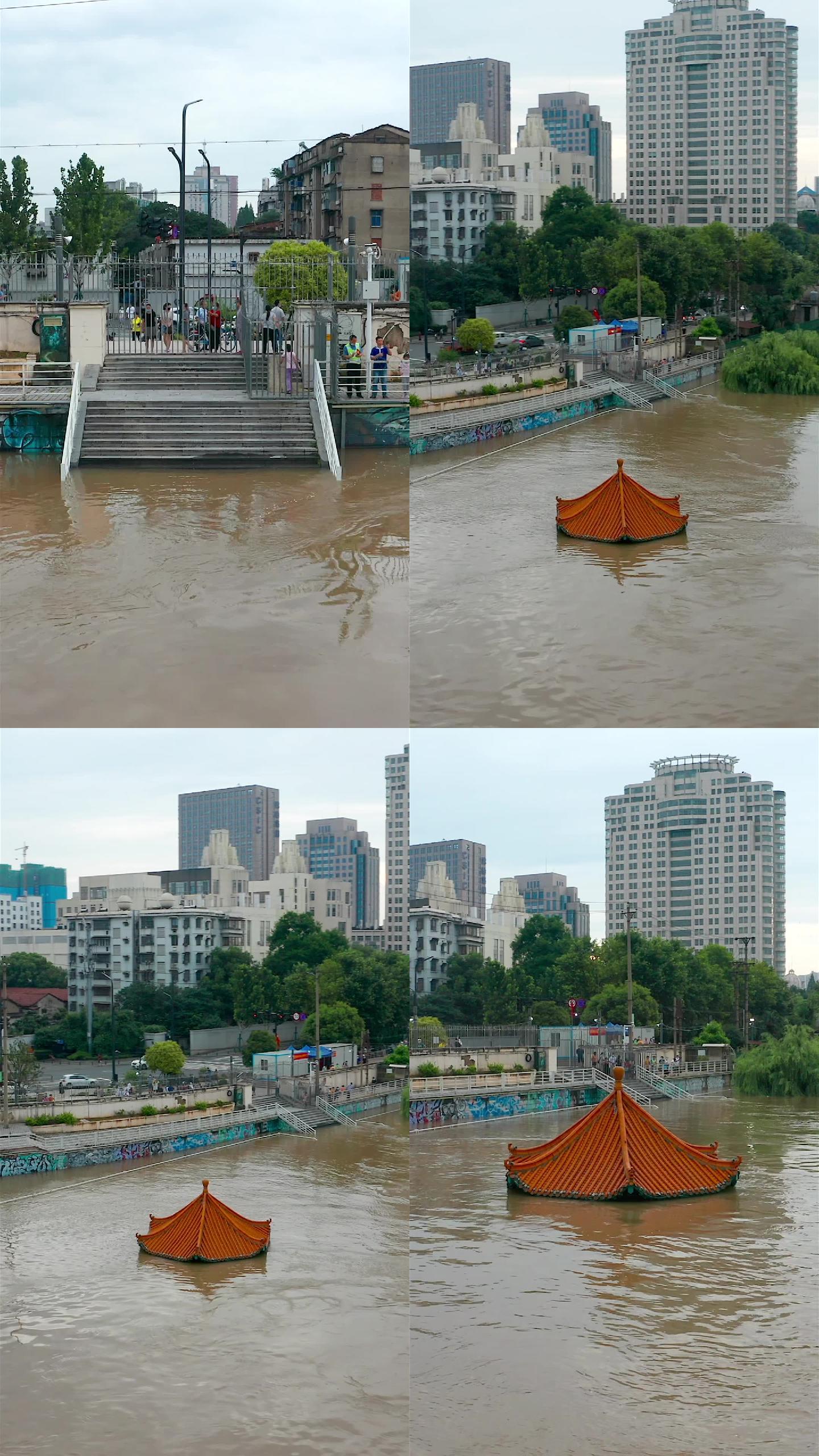 武汉江边黄花矶闸口洪水涨水被淹没航拍