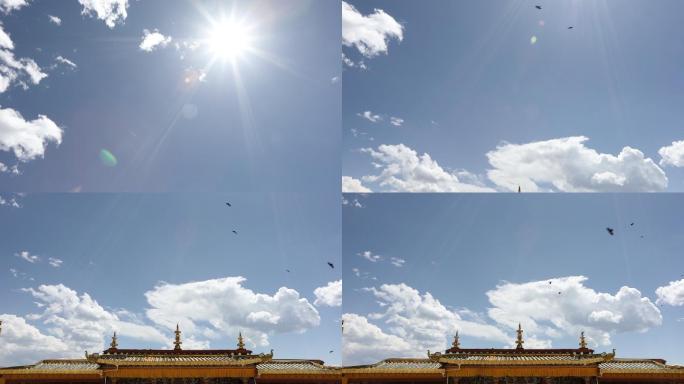 松赞林寺和盘旋的乌鸦
