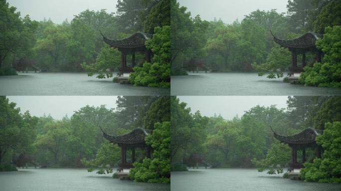 杭州 风景  古风 下雨天   亭子