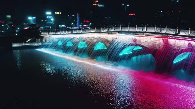 荆州古城九龙桥喷泉夜景航拍素材全套集锦