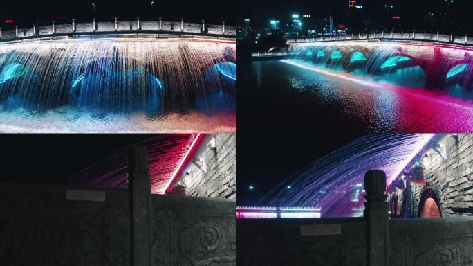 荆州古城九龙桥喷泉夜景航拍素材全套集锦