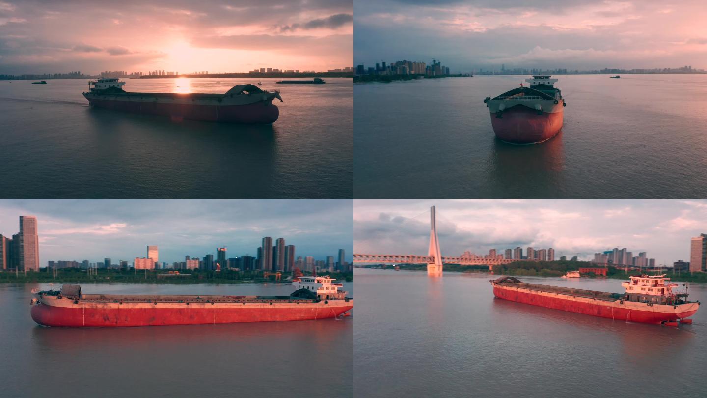 大轮船环绕刷锅航拍素材，长江，天兴洲段