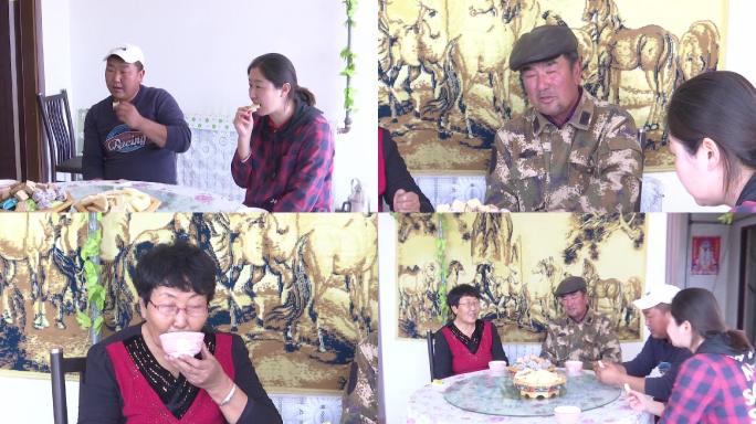 草原牧区蒙古族一家人坐在一起喝奶茶吃奶酪