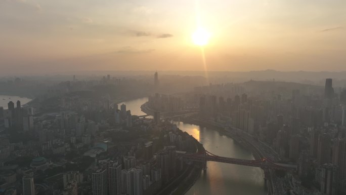 航拍重庆两江四岸大景落日余晖下的两江四岸