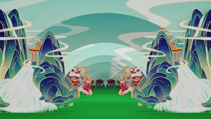 国潮山水中国风纹饰图案穿梭意境舞台背景