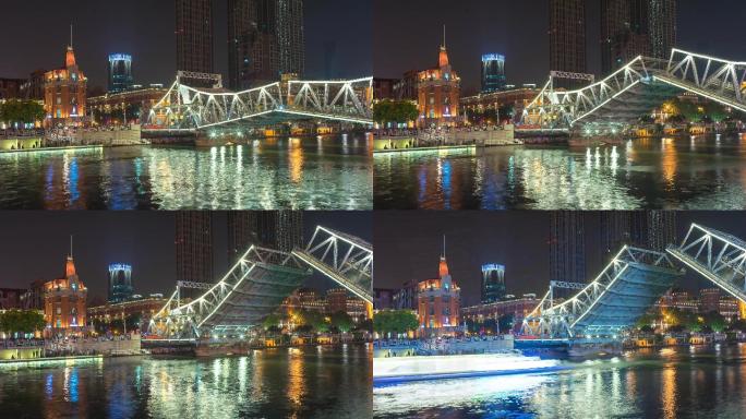 天津解放桥开启延时摄影夜景中国城市