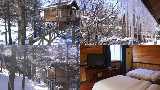 木屋民宿冬日冰柱风景雪中小屋 旅行素材