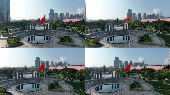 4K正版-航拍城市公园红旗迎风飘扬