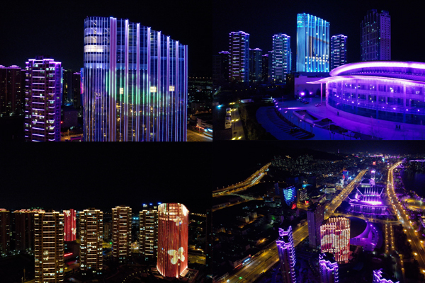 威海霓虹灯夜景航拍蓝海御华大饭店夜景