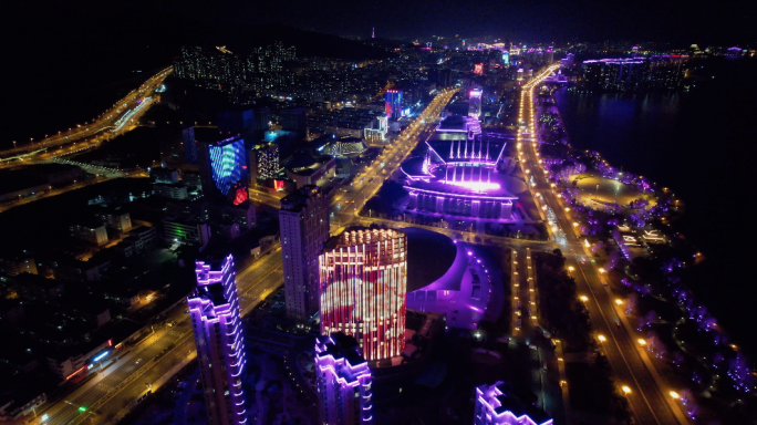 威海霓虹灯夜景航拍蓝海御华大饭店夜景