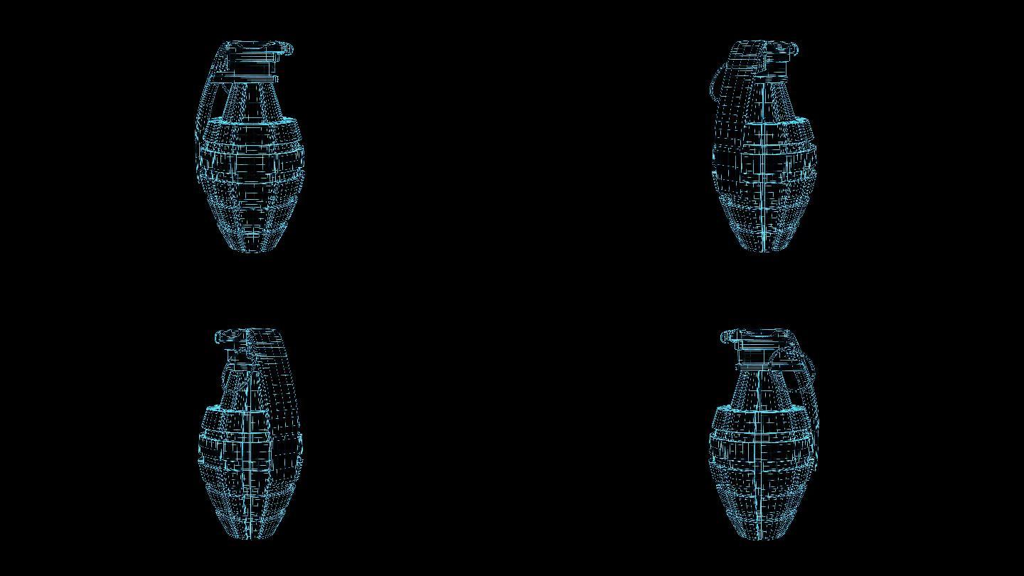 4K蓝色线框全息科技手榴弹动画带通道