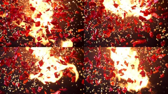 俯拍干辣椒爆炸穿过火焰实拍升格素材