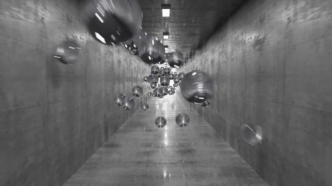 混凝土隧道上飞舞的玻璃球三维动画