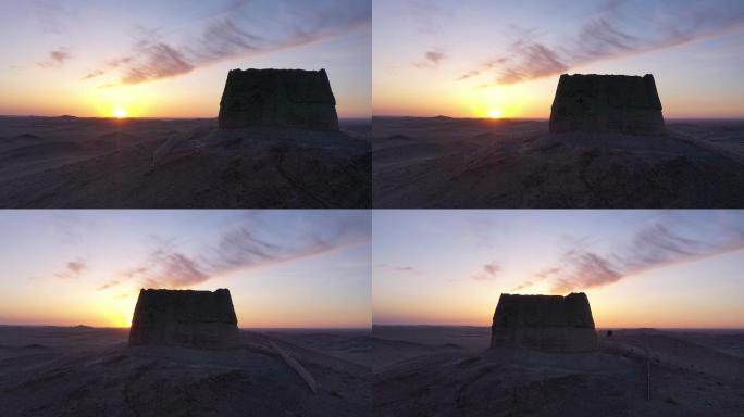 航拍甘肃金塔大墩烽火台遗址落日晚霞