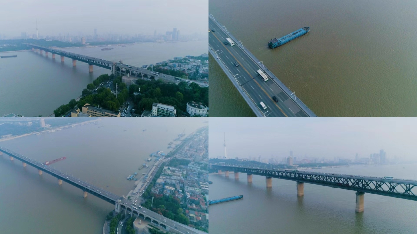 武汉长江大桥、航拍、轮船、水道、物流业