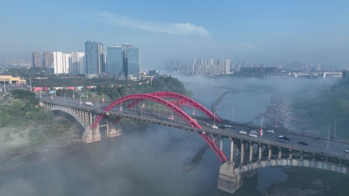 泸州航拍沱江三桥平流雾