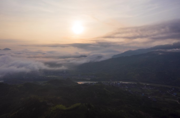 航拍延时 乡村  福州  河流 日出日落