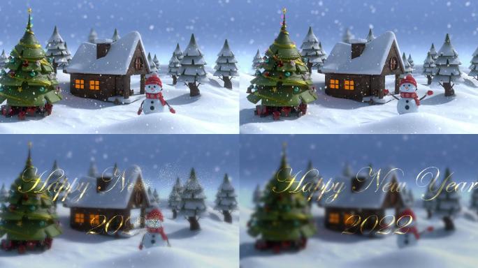 冬季风景4k库存视频中雪花飘落在微笑的雪人和圣诞树上的动画