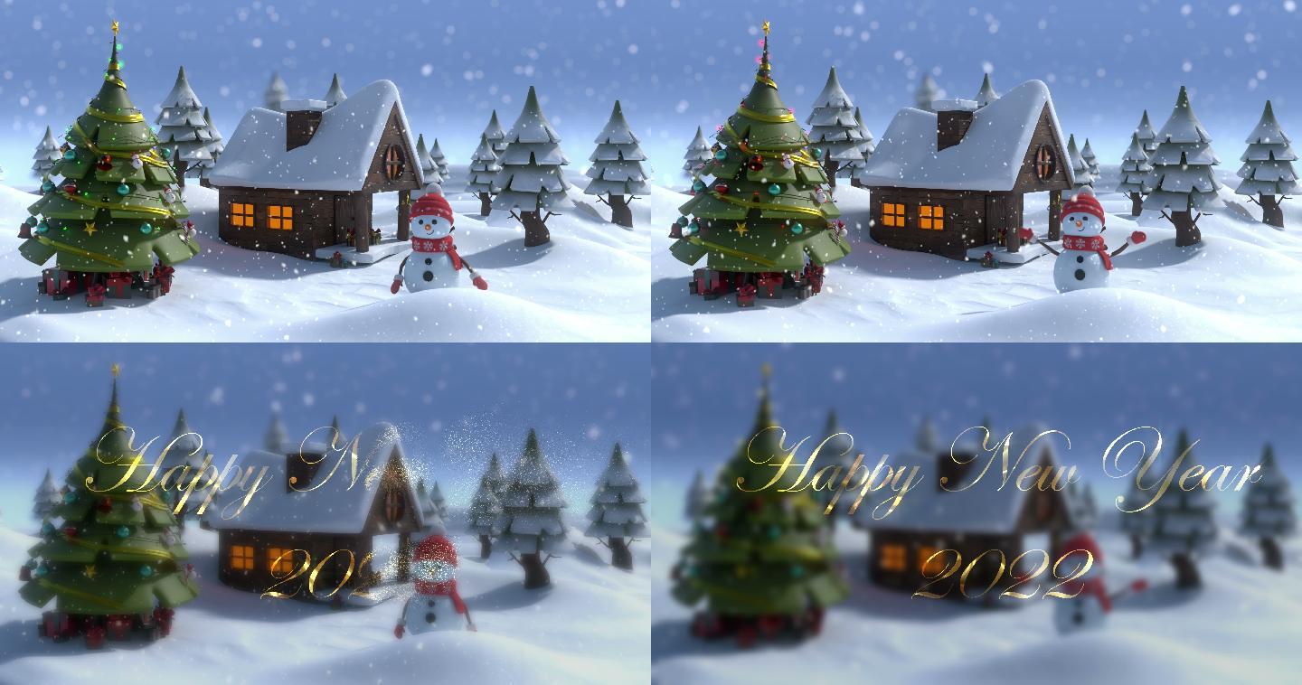 冬季风景4k库存视频中雪花飘落在微笑的雪人和圣诞树上的动画