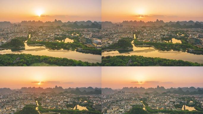 桂林象鼻山日落航拍素材城市风光风景大气