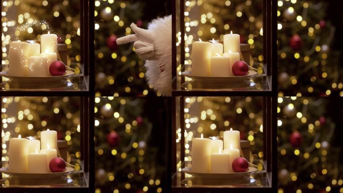 一个圣诞故事，圣诞老人的手用手指啪的一声，圣诞蜡烛点亮了。