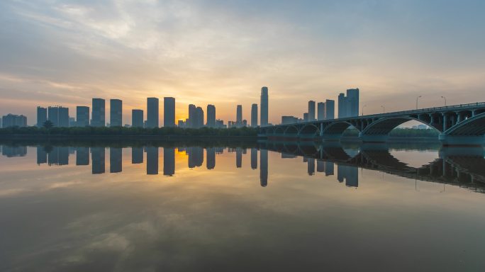 长沙万达广场+橘子洲大桥日出延时